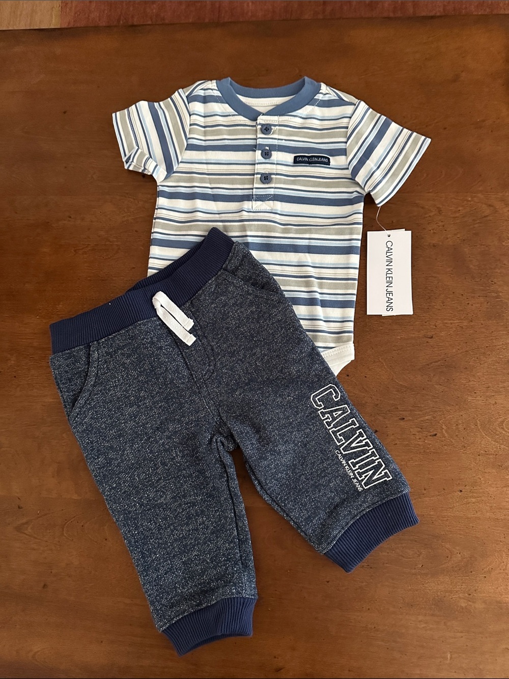 Calvin Klein Jeans Blue Striped Bodysuit & Navy Joggers 2 piece set
